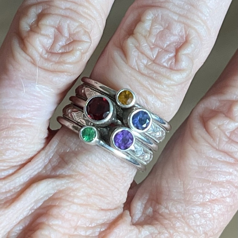 Sterling silver and multi natural faceted gemstones handmade stack ring set sz6